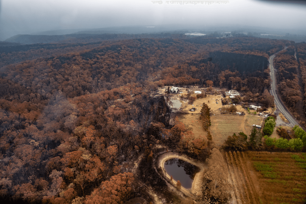 Aerial image of Tutti Fruitti farm, destroyed. Near Bilpin, in the Blue Mountains of New South Wales. Photo: Sean Cox.